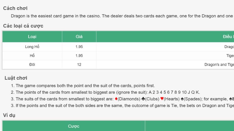 Tham khảo luật chơi rồng hổ đầy đủ nhất