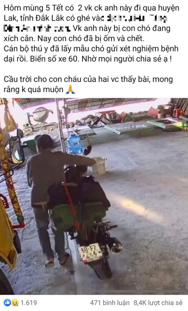 Trên 1 tài khoản mạng xã hội có hơn 8.400 lượt chia sẻ để tìm kiếm người phụ nữ bị chó dại cắn